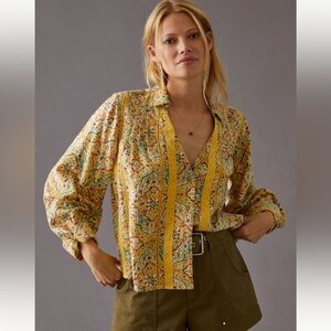 Anthropologie Yellow Graphic 3/4 Sleeve Button Down